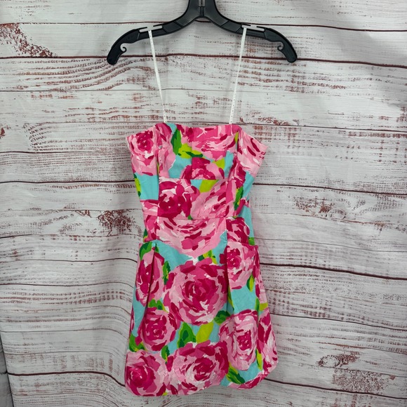 Lilly Pulitzer Dress Pink Floral Turquoise Cotton Blend Pockets Size‎ 0 - Picture 2 of 11